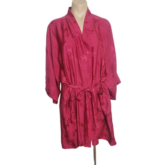 Vintage Jade Lantern Burgundy Silk Short Leaves Leaf Print Robe Size Large - Picture 6 of 10